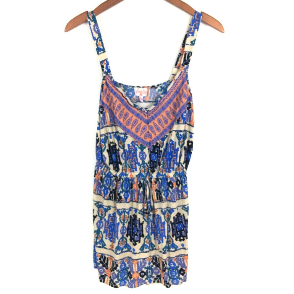 Plenty by Tracy Reese Tunic Top Small Blue Printed Embroidered Drawstring Waist